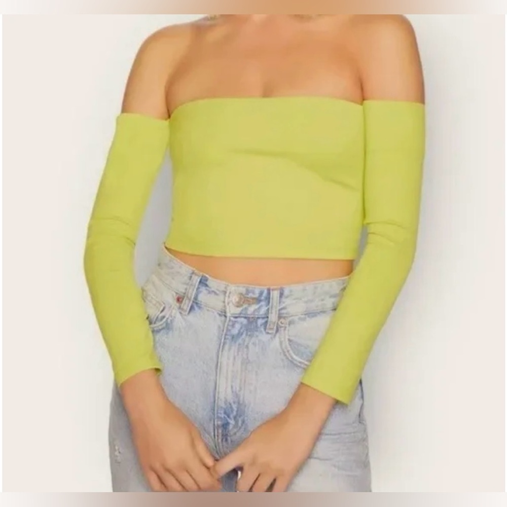 NWT Susana Monaco Chartreuse Green Off Shoulder Long Sleeve Crop Top